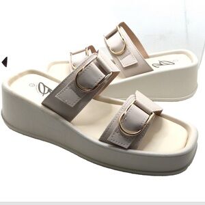 Blue Suede Shoes Brand Womens Beige Edgy Buckle Double Strap Wedge Sandals